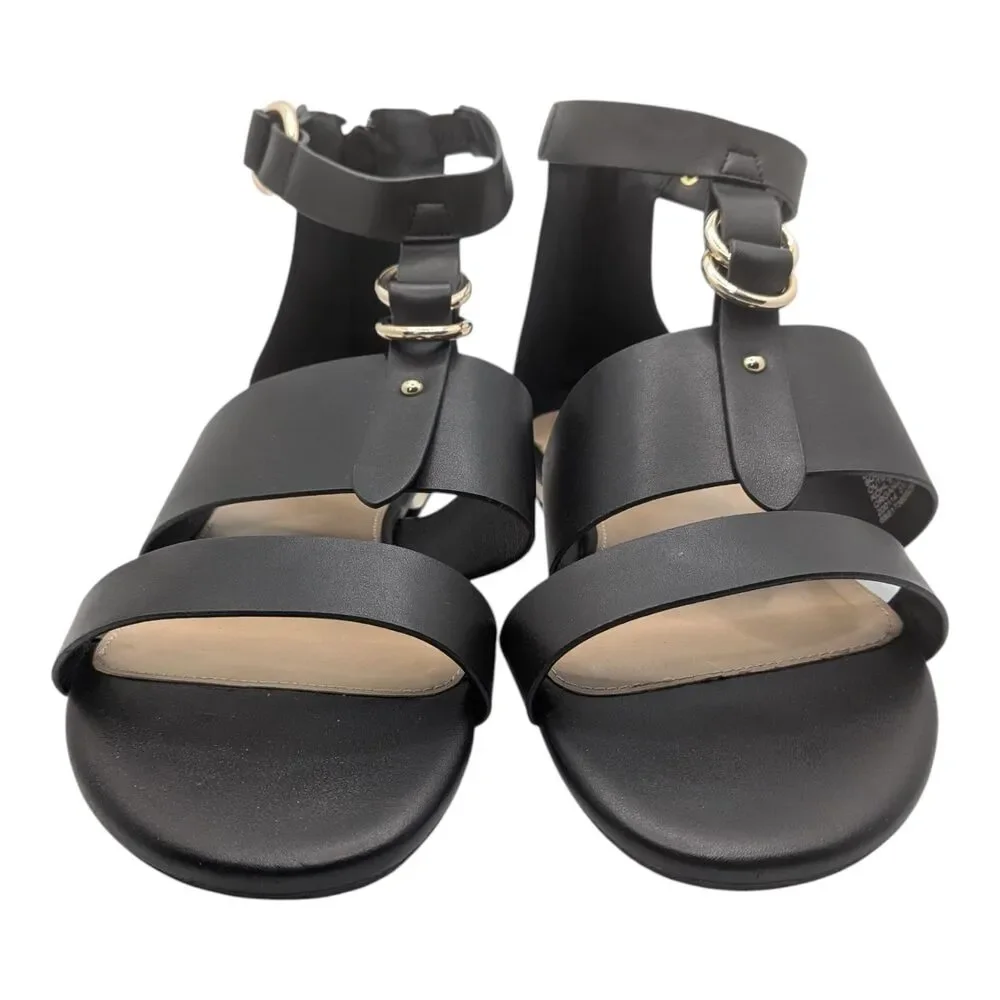 Women's Apt 9 Black Faux Leather Gladiator Sandals Size 9.5 Zip Back Gold Buckle